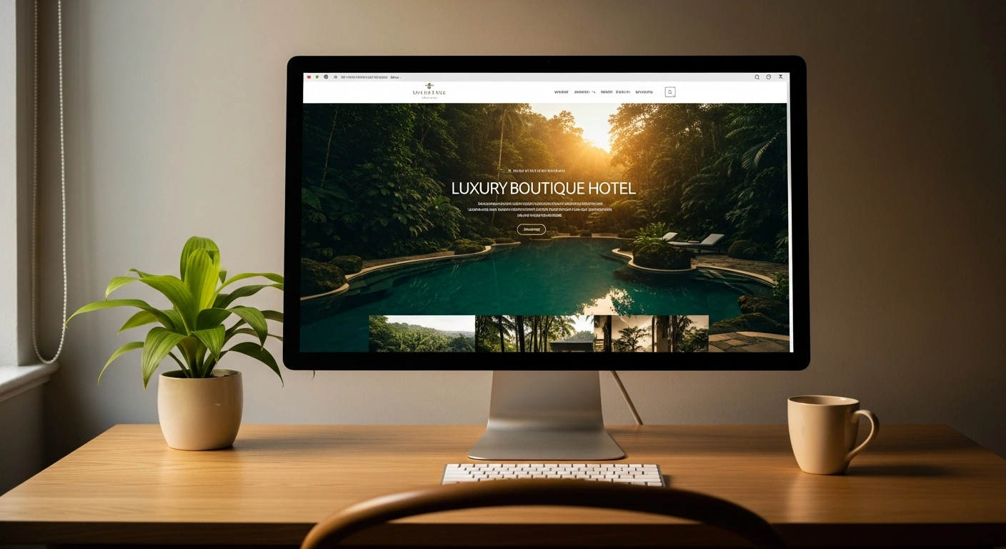 Beautifully designed boutique hotel website displayed on a monitor on a clean wooden desk