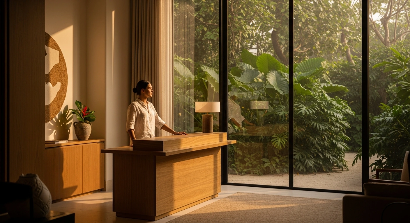 Independent hotel owner standing thoughtfully at the front desk of a quiet boutique hotel lobby in the morning