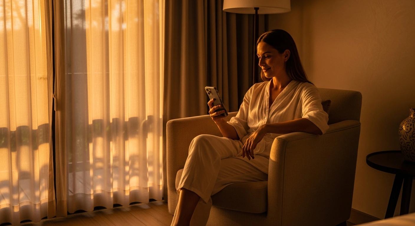 Happy hotel guest writing a review on a smartphone in a beautifully lit boutique hotel room
