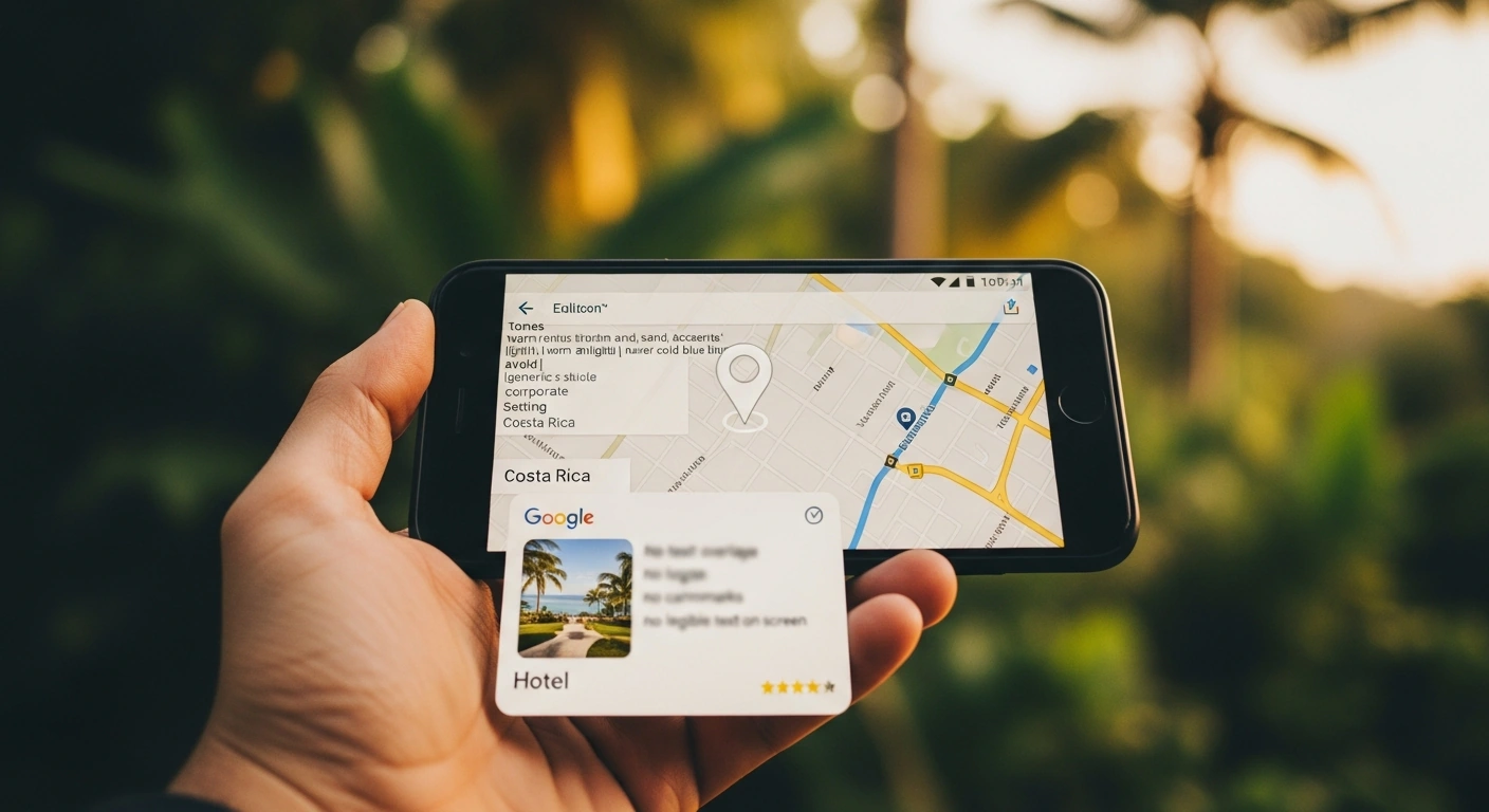Smartphone showing a Google Maps hotel listing with star rating in a tropical outdoor setting